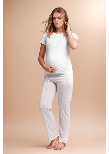Kadın Giyim Beş Düğmeli Kısa Kollu & Alt Hamile Pijama Takımı LL.AR01.NE00.TT05