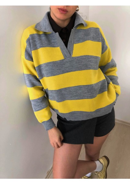 Çizgili Polo Yakalı Kadın Triko Kazak fiyatları