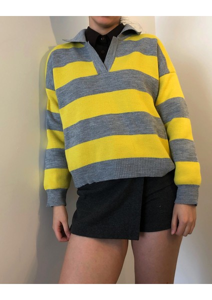 Çizgili Polo Yakalı Kadın Triko Kazak modelleri