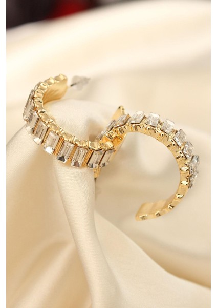 Baget Taşlı Gold Renk Kalın Halka Küpe