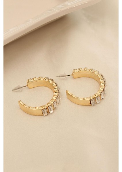 Baget Taşlı Gold Renk Kalın Halka Küpe fiyatları