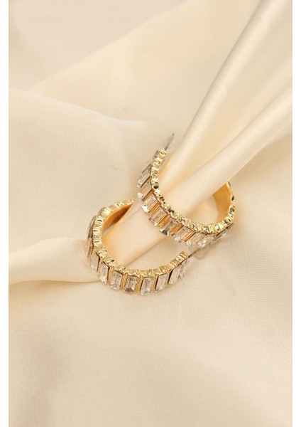 Baget Taşlı Gold Renk Kalın Halka Küpe modelleri