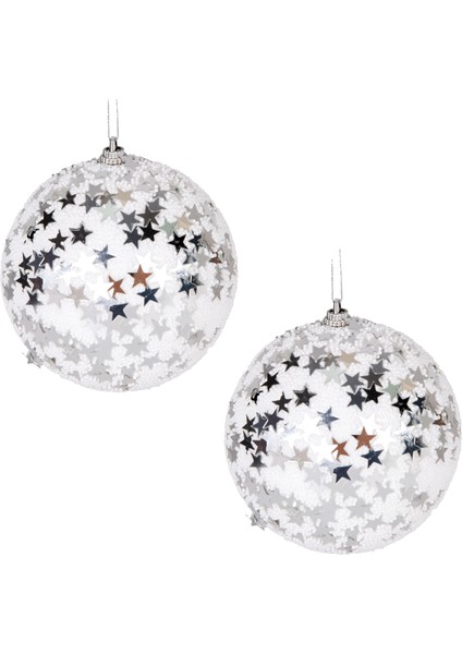 Yılbaşı Topu, Gold Yıldızlı, Beyaz - 2'li Paket, 10 cm