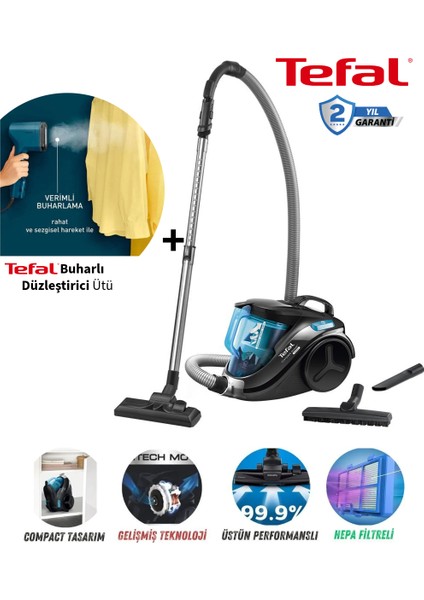 750W Compact Toz Torbasız Elektrikli Süpürge + Buharlı Düzleştirici Ütü