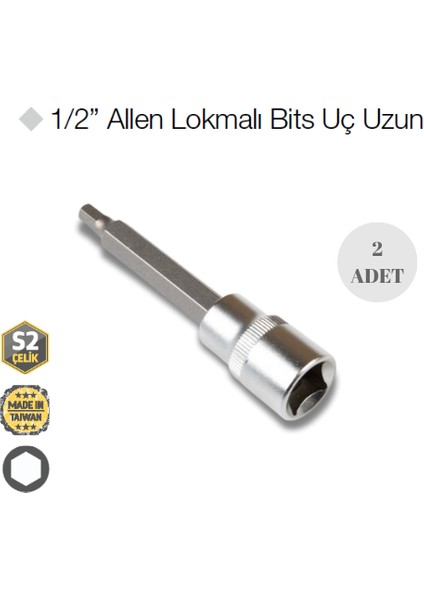 2452 Allen Lokmalı Bits Uç Uzun HEX10-100 mm 1/2” - 2 Adet