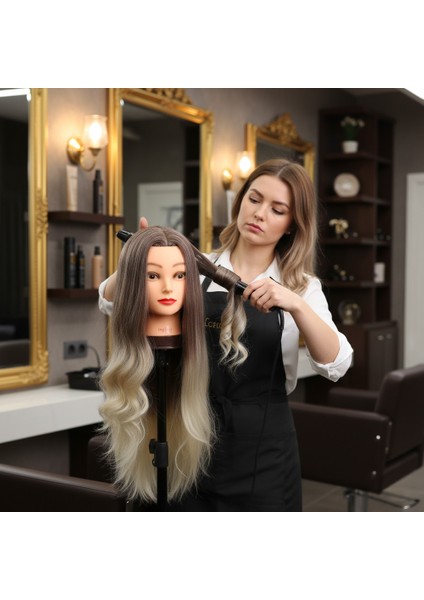 Kuaför Eğitim Mankeni / Yaki + Masa Aparatı / Kahverengi / Platin