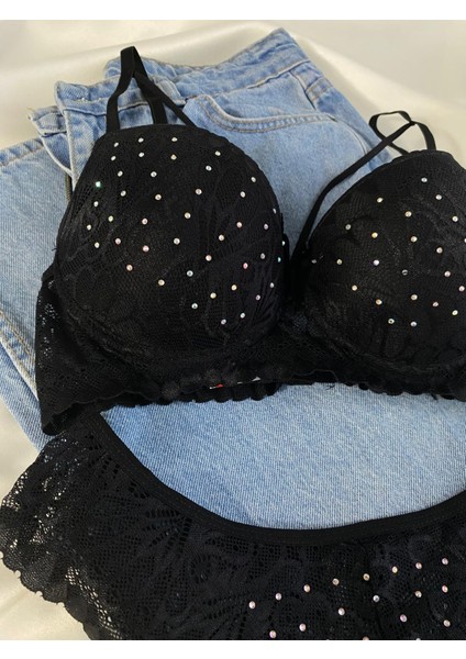 Kadın Dantelli Ip Detaylı Taşlı Balenli Destekli Dolgulu Push Up Sütyen Takımı Iç Çamaşırı Takımı modelleri