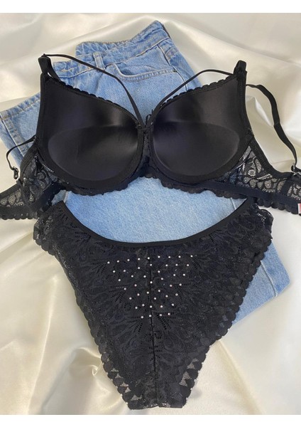 Kadın Dantelli Ip Detaylı Taşlı Balenli Destekli Dolgulu Push Up Sütyen Takımı Iç Çamaşırı Takımı fırsatları