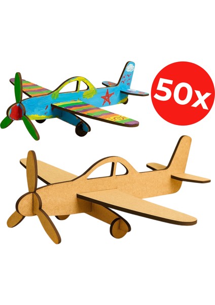 Boyanabilir Ahşap Uçak - Model Uçak - Ahşap Boyama Etkinlik - 50'li Set