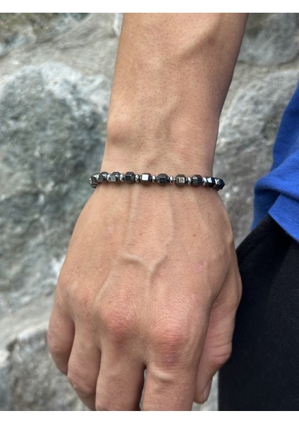 Erkek Esmas Kesim Hematit Doğal Taş 20+2 cm Ayarlanabilir Çelik Bileklik