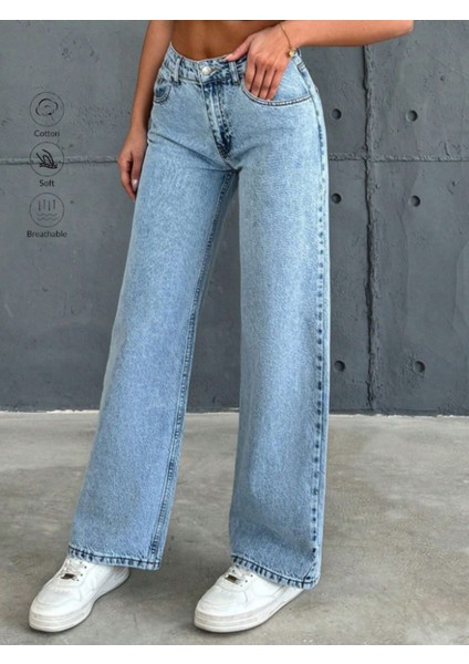 Kadın Yüksek Bel Boyfriend Bol Paça Kot Pantolon