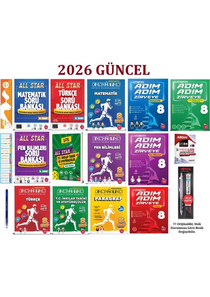 8. Sınıf Tüm Dersler All Satar-Adım Adım Soru Bankası ve Kondüsyon Deneme Seti 13 Kitap+Tikky 0.7 mm