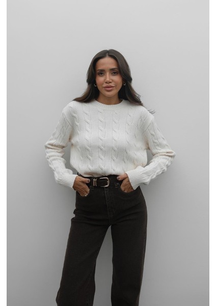 Ekru Saç Örgülü Triko Kazak fiyatları