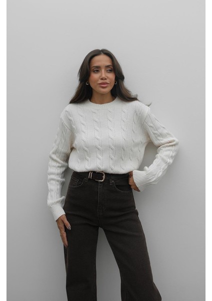 Ekru Saç Örgülü Triko Kazak fırsatları