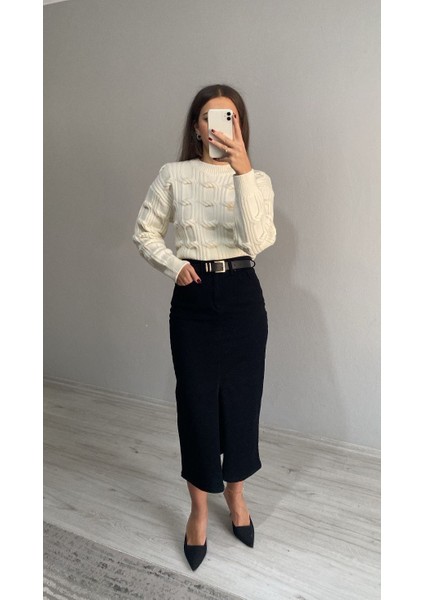 Kemerli Yüksek Bel Ön Yırtmaçlı Midi Boy Denim Etek fiyatları