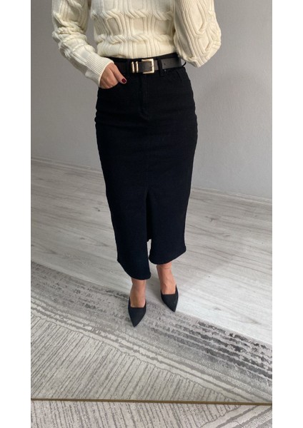 Kemerli Yüksek Bel Ön Yırtmaçlı Midi Boy Denim Etek modelleri