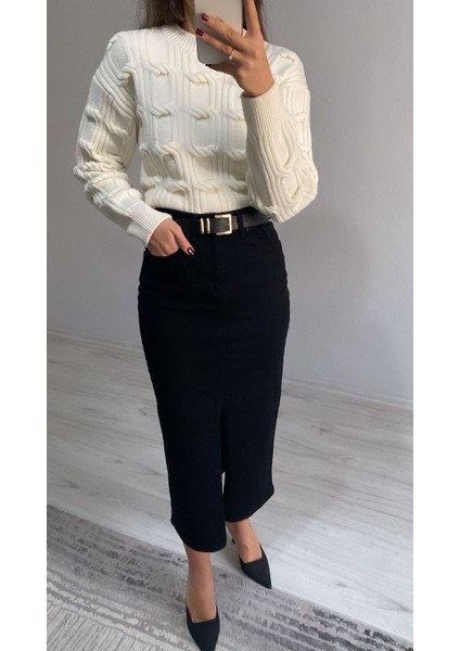 Kemerli Yüksek Bel Ön Yırtmaçlı Midi Boy Denim Etek fırsatları