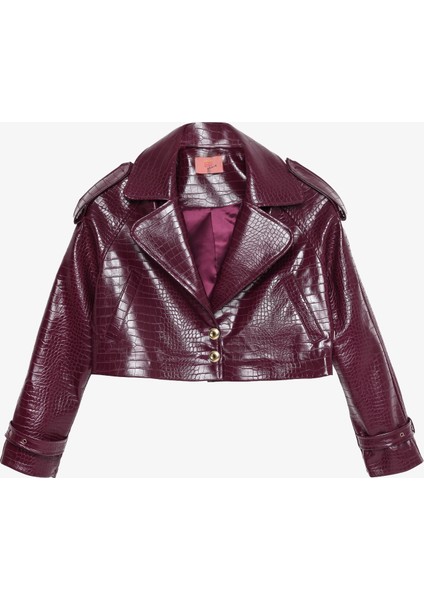 Kroko Desenli Crop Deri Ceket Mürdüm