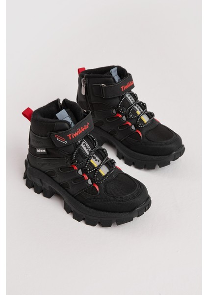 Çocuk Unisex Siyah Kırmızı Kalın Kauçuk Taban Lastik Bağcıklı Cırtlı Outdoor Trekking Bot fiyatları