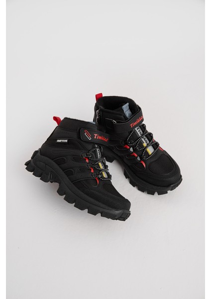 Çocuk Unisex Siyah Kırmızı Kalın Kauçuk Taban Lastik Bağcıklı Cırtlı Outdoor Trekking Bot modelleri