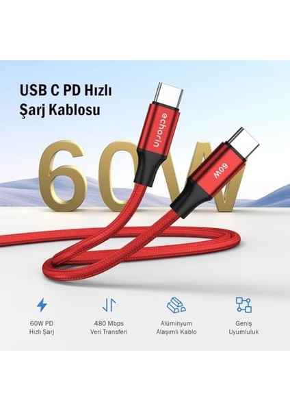 USB C&apos;den USB C&apos;ye 60W, 2.4A, 1m, Pd 2.0, Çift Kat Örgülü Hızlı Şarj ve Data Kablosu (Kırmızı, 1 Metre) fiyatları