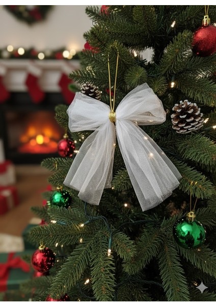 5 Adet Büyükboy - Beyaz Fiyonk Kurdele - Gold Detaylı - 13X15CM - Yılbaşı Süsü - Yılbaşı Ağaç Süsü