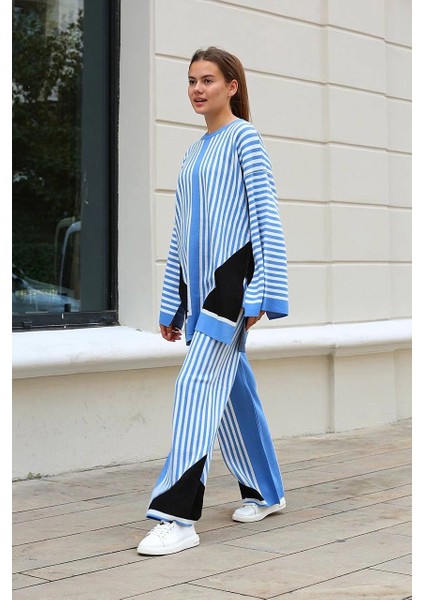 Çizgili Bisiklet Yaka Triko Takım Mavi fiyatları