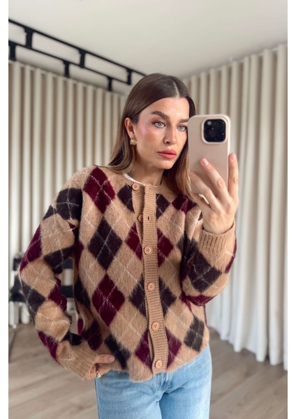 Somon Bordo Baklava Desenli Düğmeli Yün Hırka
