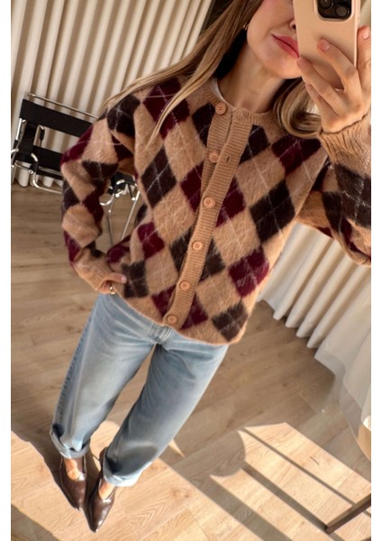 Somon Bordo Baklava Desenli Düğmeli Yün Hırka fiyatları