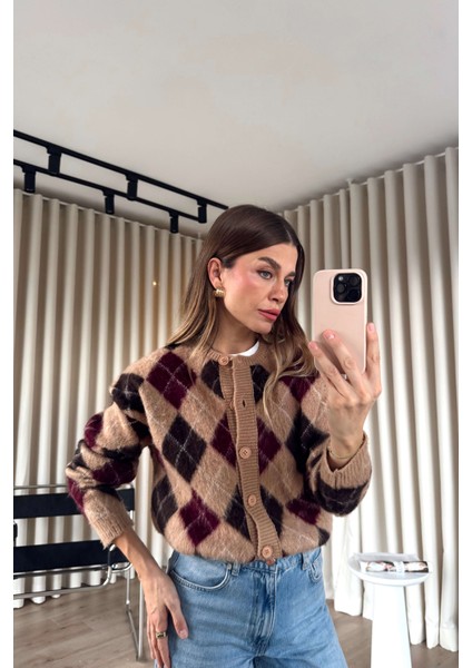 Somon Bordo Baklava Desenli Düğmeli Yün Hırka fırsatları