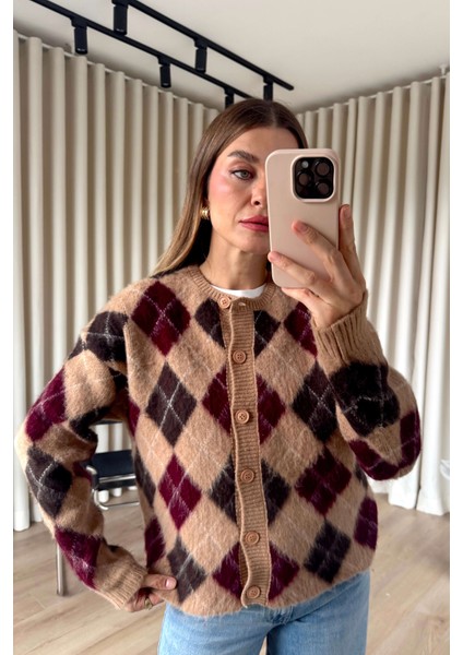 Somon Bordo Baklava Desenli Düğmeli Yün Hırka indirimleri