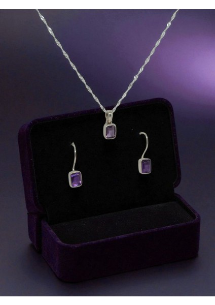 Baget Kesim Ametist Taşlı El Işçiliği 925 Ayar Gümüş Kolye Ucu ve Küpe Seti