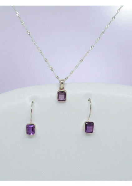 Baget Kesim Ametist Taşlı El Işçiliği 925 Ayar Gümüş Kolye Ucu ve Küpe Seti fiyatları