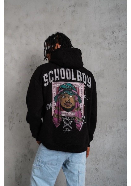 Erkek School Boy Baskılı Kapüşonlu Sweat - Siyah