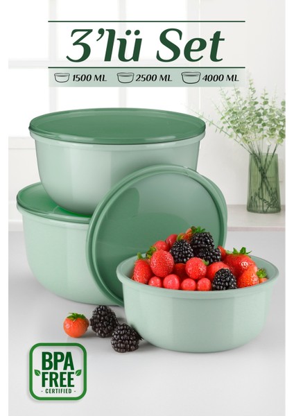 3'lü Pello Yuvarlak Saklama Kabı Seti - Mikrodalga ve Difriz Uyumlu Düzenleyici Badya 1,5-2,5-4 L