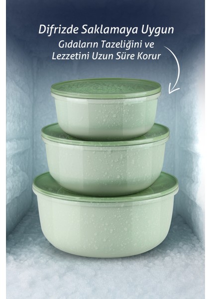 3'lü Pello Yuvarlak Saklama Kabı Seti - Mikrodalga ve Difriz Uyumlu Düzenleyici Badya 1,5-2,5-4 L modelleri