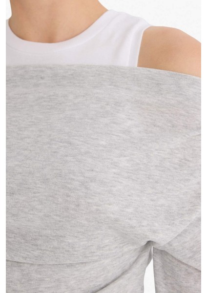 Slim Fit Dar Kesim Tek Omuzlu Çift Katmanlı Ribana Uzun Kollu Tişört G6336AX25WN fırsatları