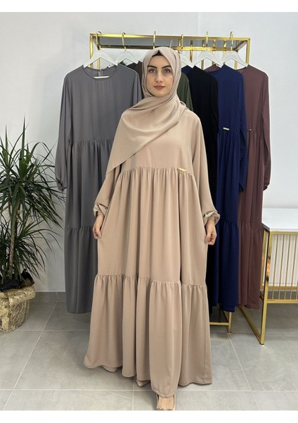 Iki Kat Büzgülü Elbise ve Şallı Takım .hijap ,abaya (Hac ve Umre Için Uygundur) Bej