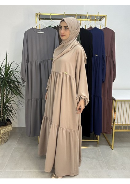 Iki Kat Büzgülü Elbise ve Şallı Takım .hijap ,abaya (Hac ve Umre Için Uygundur) Bej fiyatları