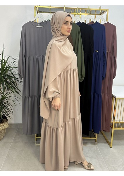 Iki Kat Büzgülü Elbise ve Şallı Takım .hijap ,abaya (Hac ve Umre Için Uygundur) Bej modelleri