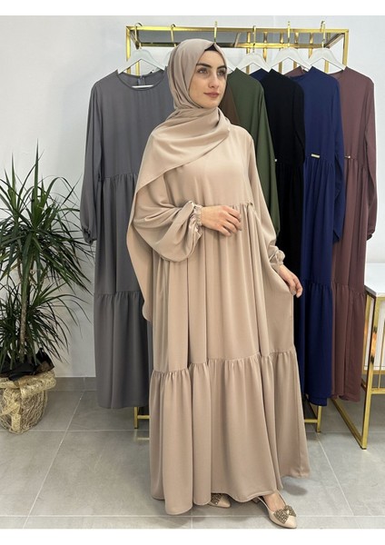 Iki Kat Büzgülü Elbise ve Şallı Takım .hijap ,abaya (Hac ve Umre Için Uygundur) Bej fırsatları
