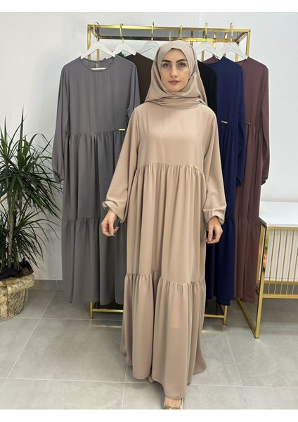 Iki Kat Büzgülü Elbise ve Şallı Takım .hijap ,abaya (Hac ve Umre Için Uygundur) Bej