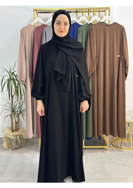 Şallı ,tesettür Yandan Büzgülü Elbise Takım ( Hac ve Umre Için Uygundur) Siyah Renk