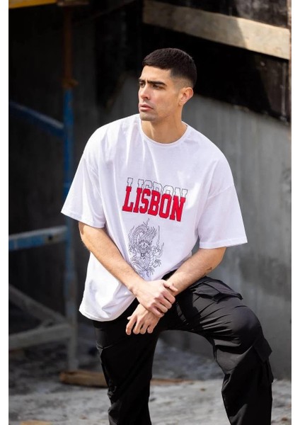 Unisex Bisiklet Yaka Baskılı Oversize T-Shirt - Beyaz