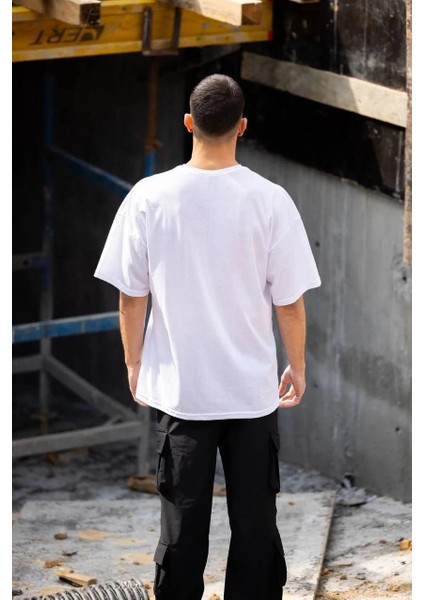 Unisex Bisiklet Yaka Baskılı Oversize T-Shirt - Beyaz fiyatları