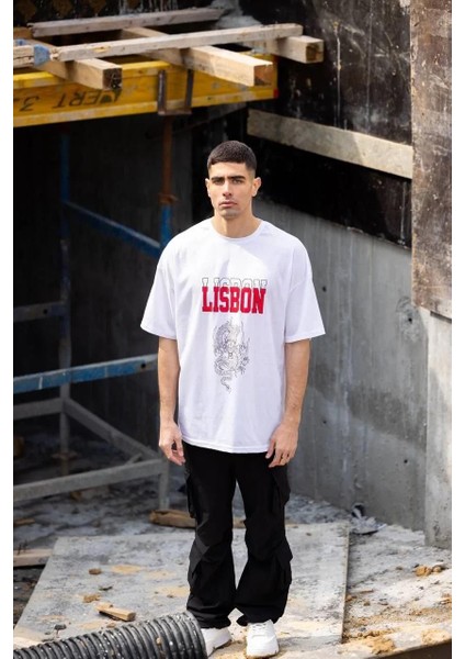 Unisex Bisiklet Yaka Baskılı Oversize T-Shirt - Beyaz modelleri