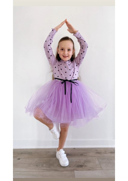 Linda Kız Çocuk Prenses Kabarık Tütü Elbise Uzun Kol Puantiyeli Esnek Likralı Tüllü fırsatları