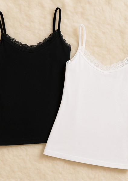 Kadın Giyim Ip Askılı Dantel Detay Modal & Pamuklu 2 Adet Beyaz - Siyah Atlet LL.K66.O042.001