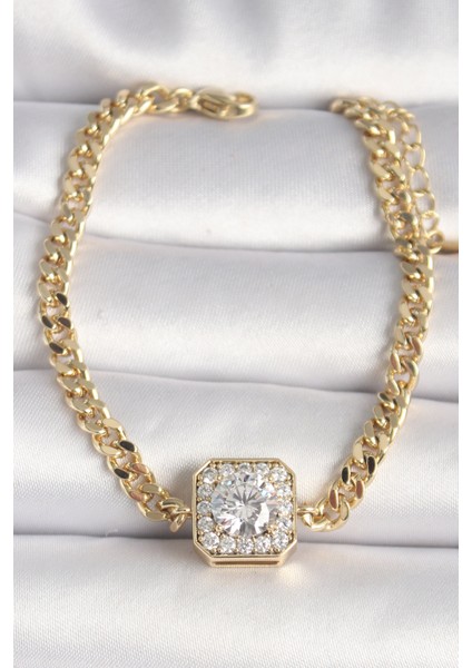 Pirinç Gold Renk Zincir Kare Zirkon Taş Model Xuping Vıp Seri Kadın Bileklik - TJ-BB6743