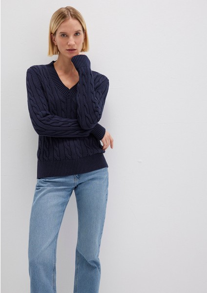 Ipek Karışımlı V Yaka Lacivert Kazak 1710720-89101